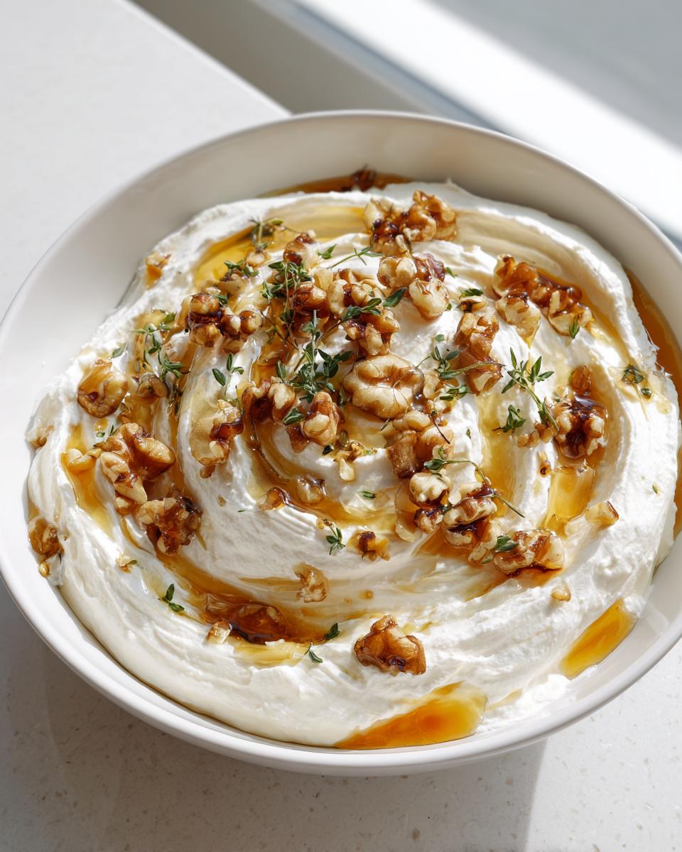 A bowl of creamy whipped ricotta dip topped with toasted walnuts, drizzled honey, and fresh thyme.