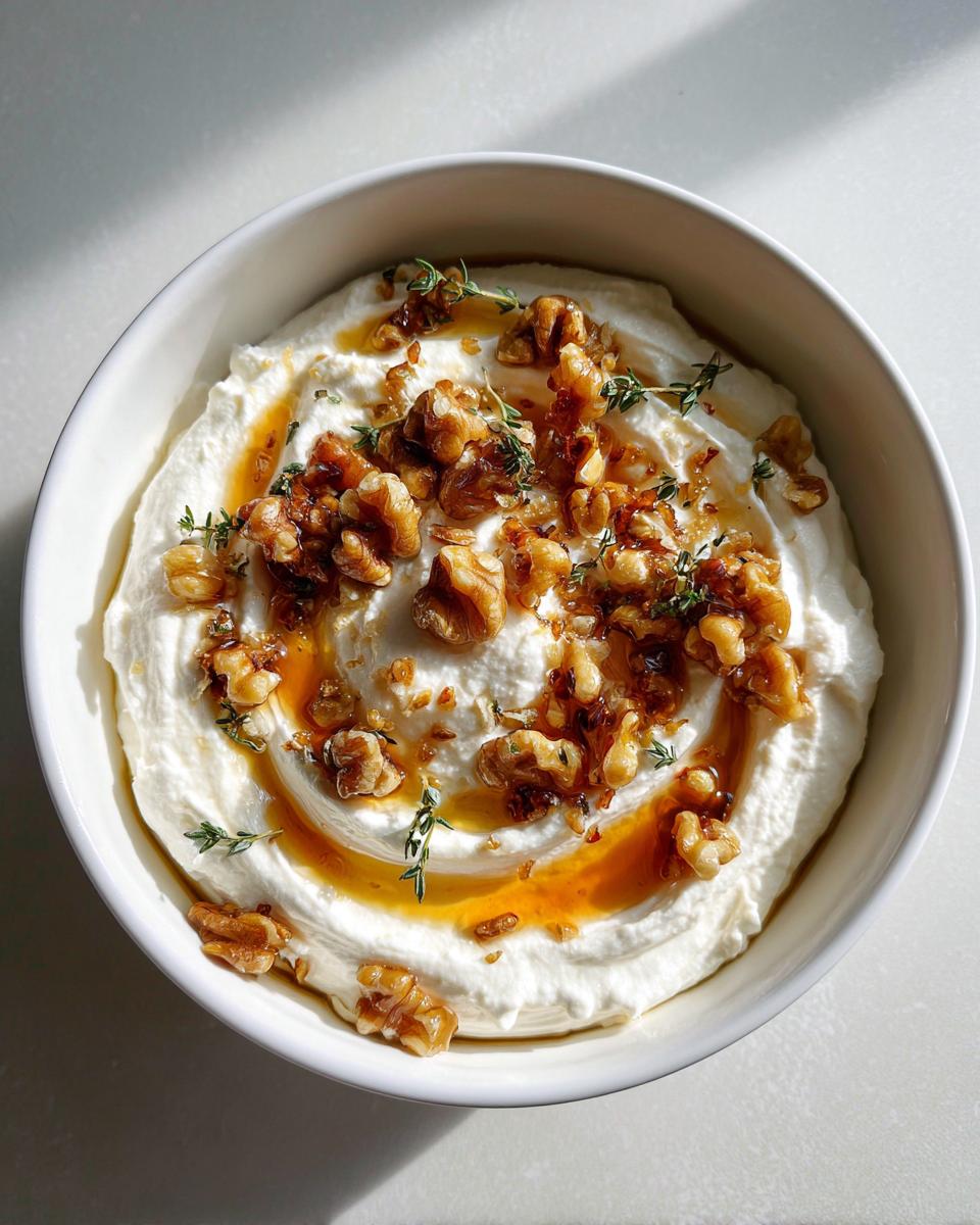 Overhead view of creamy whipped ricotta dip topped with candied walnuts, honey drizzle, and fresh thyme sprigs.