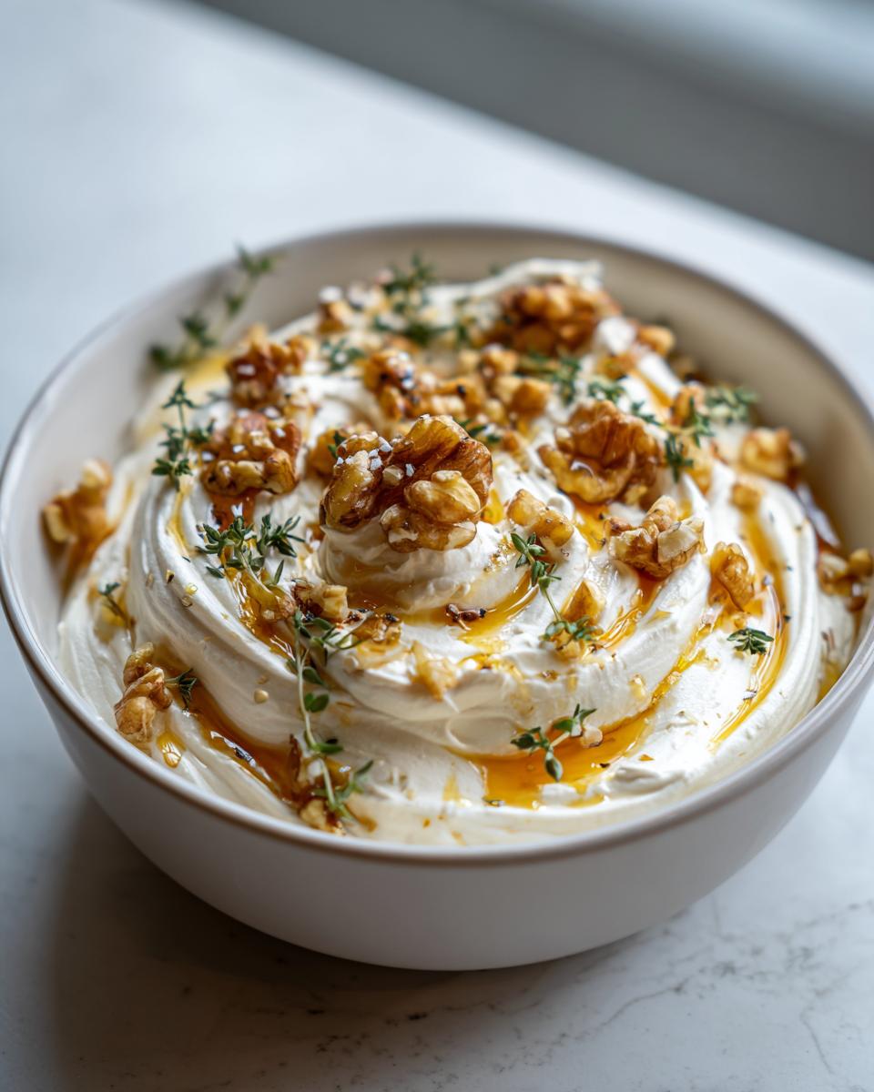 A bowl of creamy whipped ricotta dip garnished with toasted walnuts, fresh thyme, and a drizzle of golden honey.