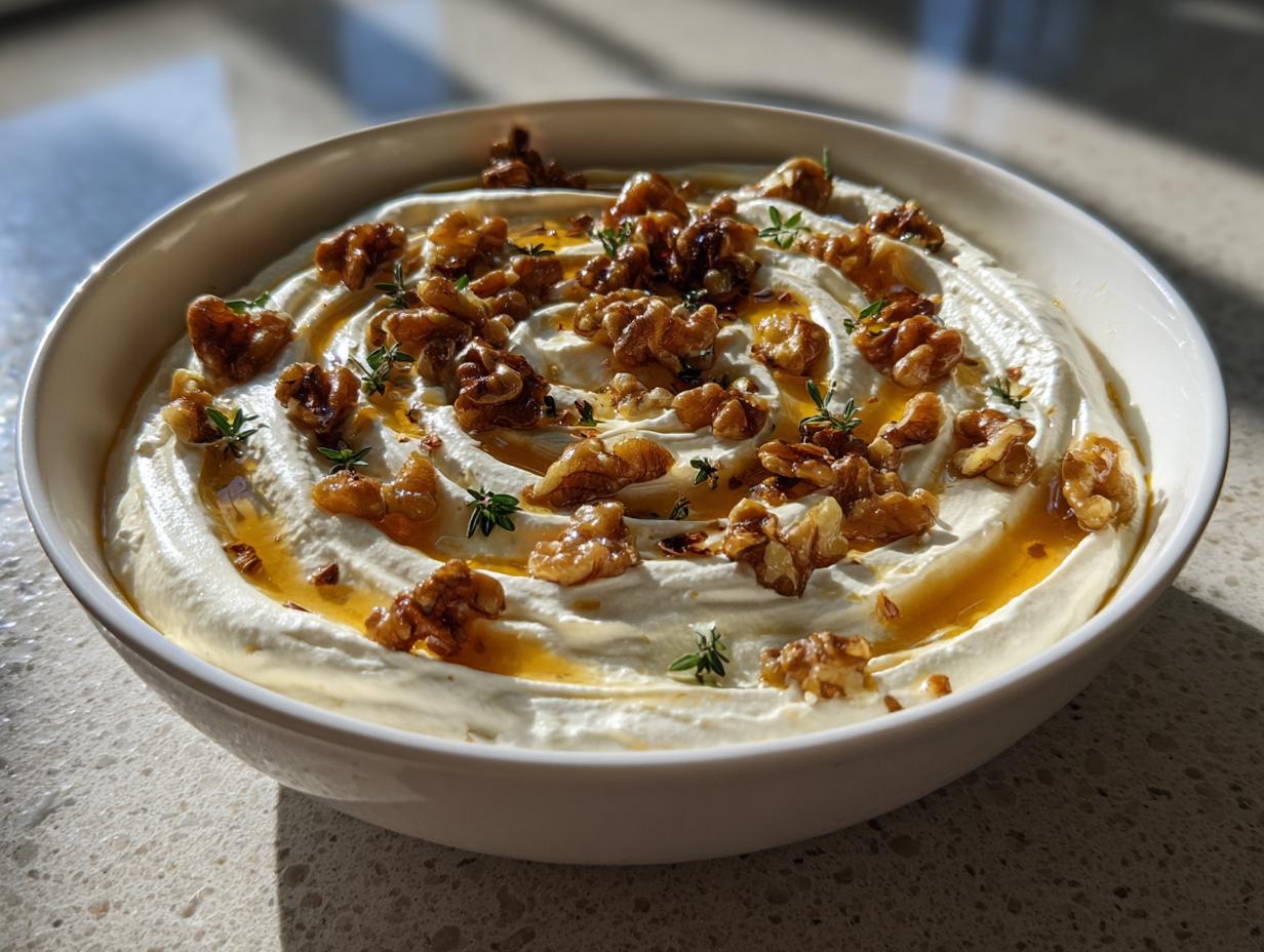 A bowl of creamy whipped ricotta dip swirled and topped with candied walnuts, honey drizzle, and fresh thyme.