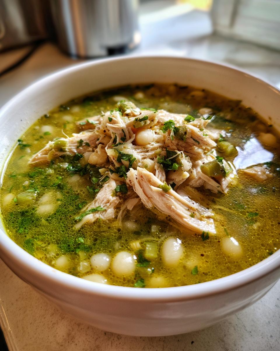 A close-up of a bowl of green chicken pozole featuring shredded chicken, white hominy, and herbs in a rich broth.