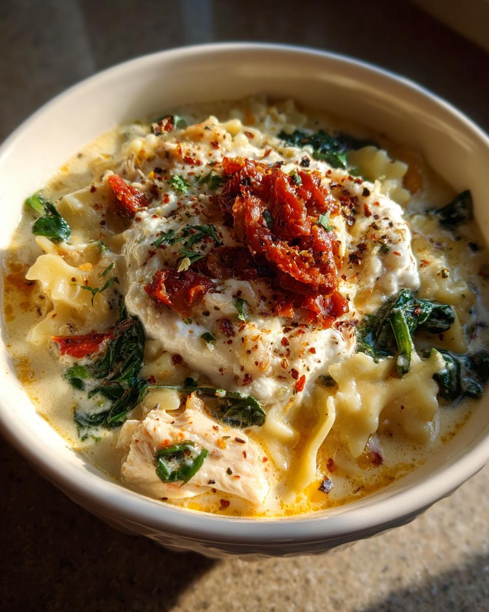 Close-up of a bowl of white chicken lasagna soup topped with ricotta, sun-dried tomatoes, and spices.