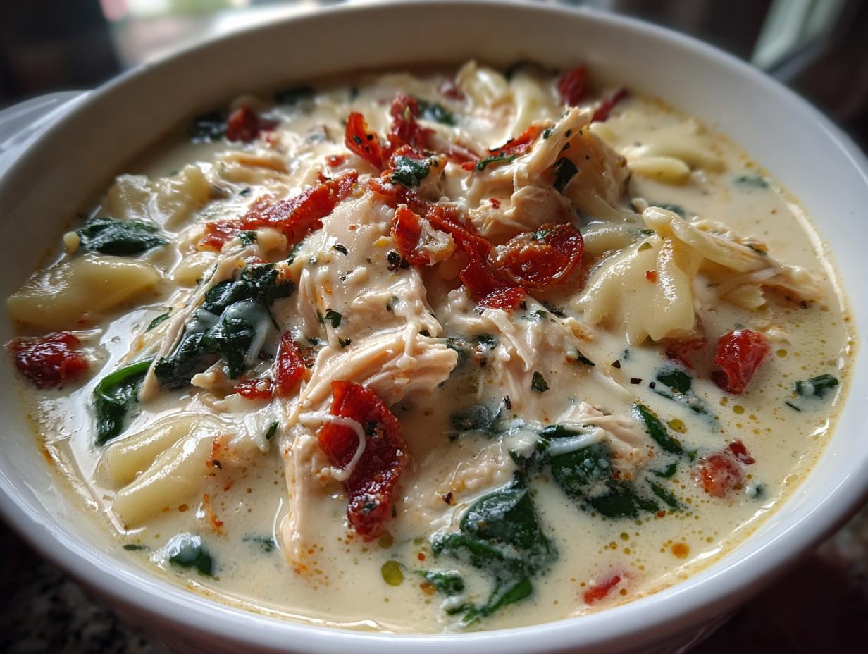 Close-up of a bowl of rich white chicken lasagna soup with shredded chicken, spinach, and sun-dried tomatoes.