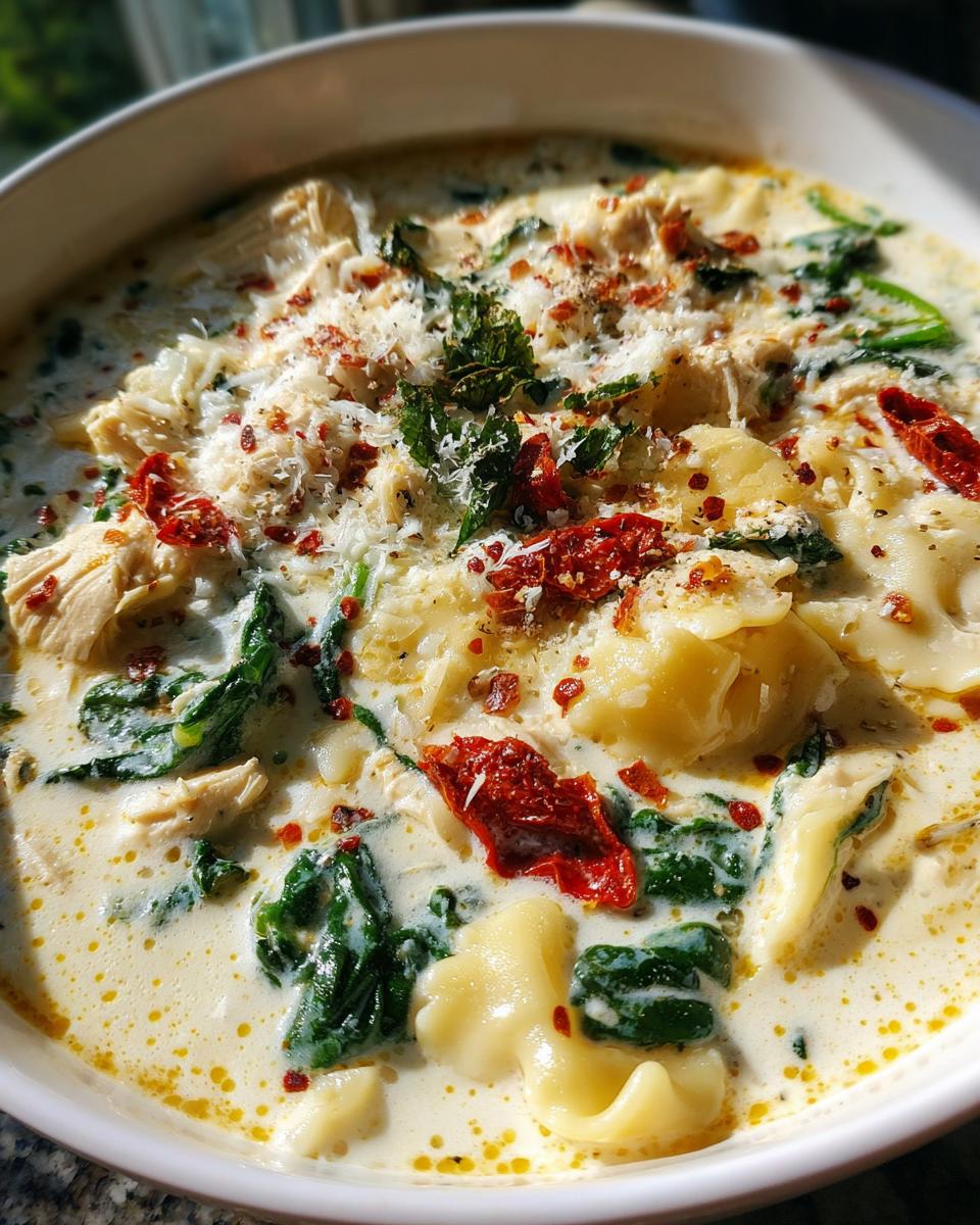Close-up of a bowl of rich white chicken lasagna soup with pasta, spinach, and parmesan cheese.