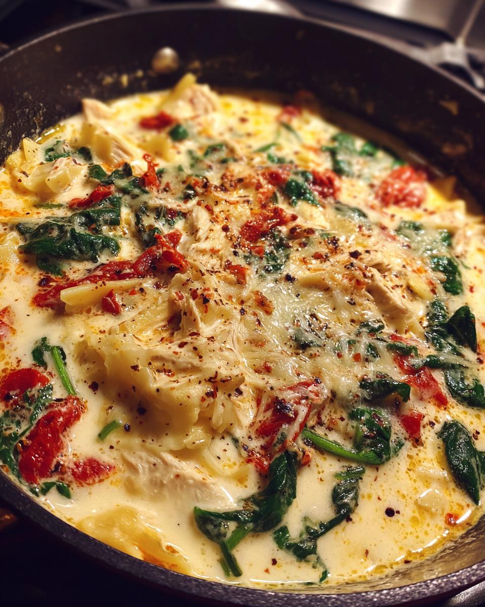 Close-up of creamy white chicken lasagna soup with spinach, sun-dried tomatoes, and melted cheese in a dark skillet.