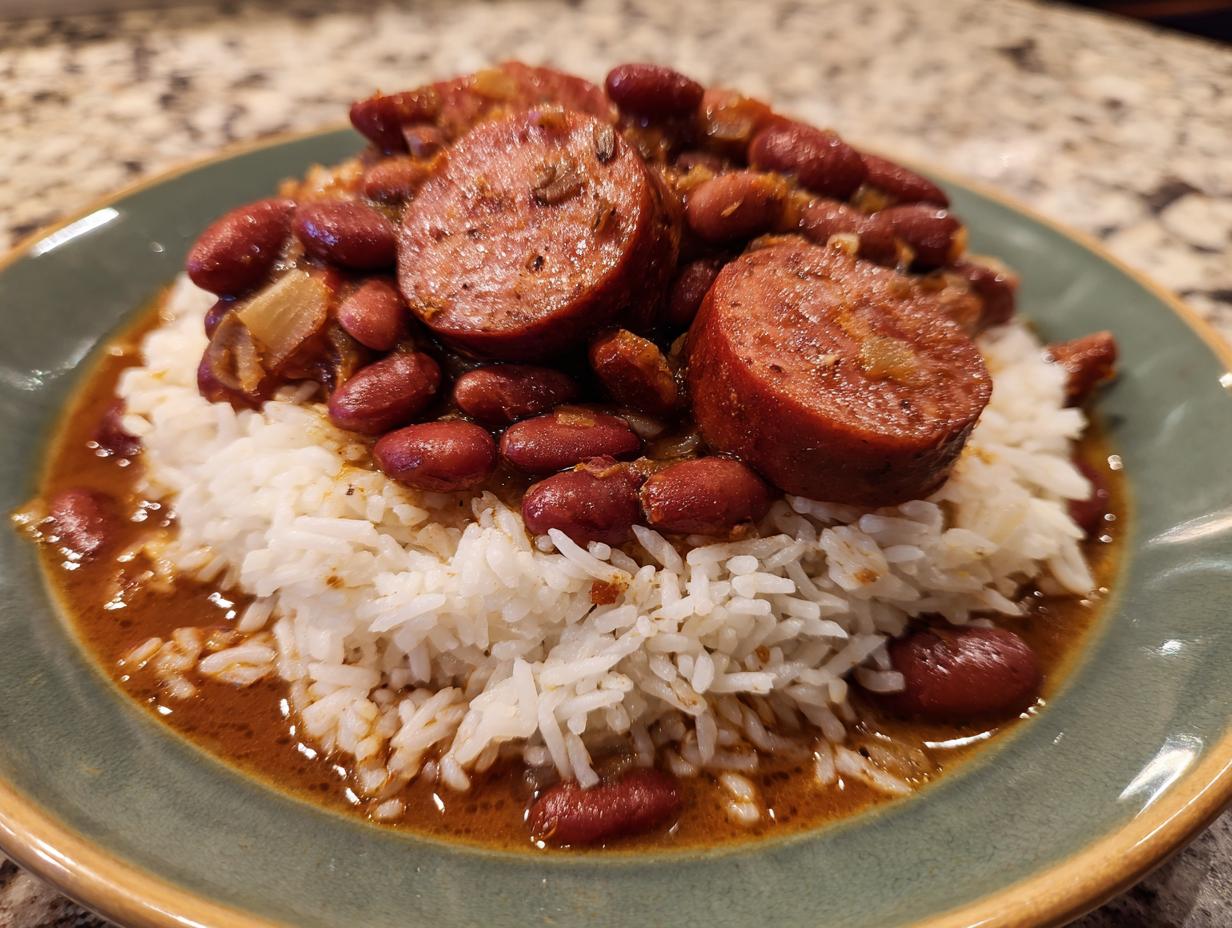 A close-up of a serving of beans and rice topped with sliced smoked sausage on a green plate.