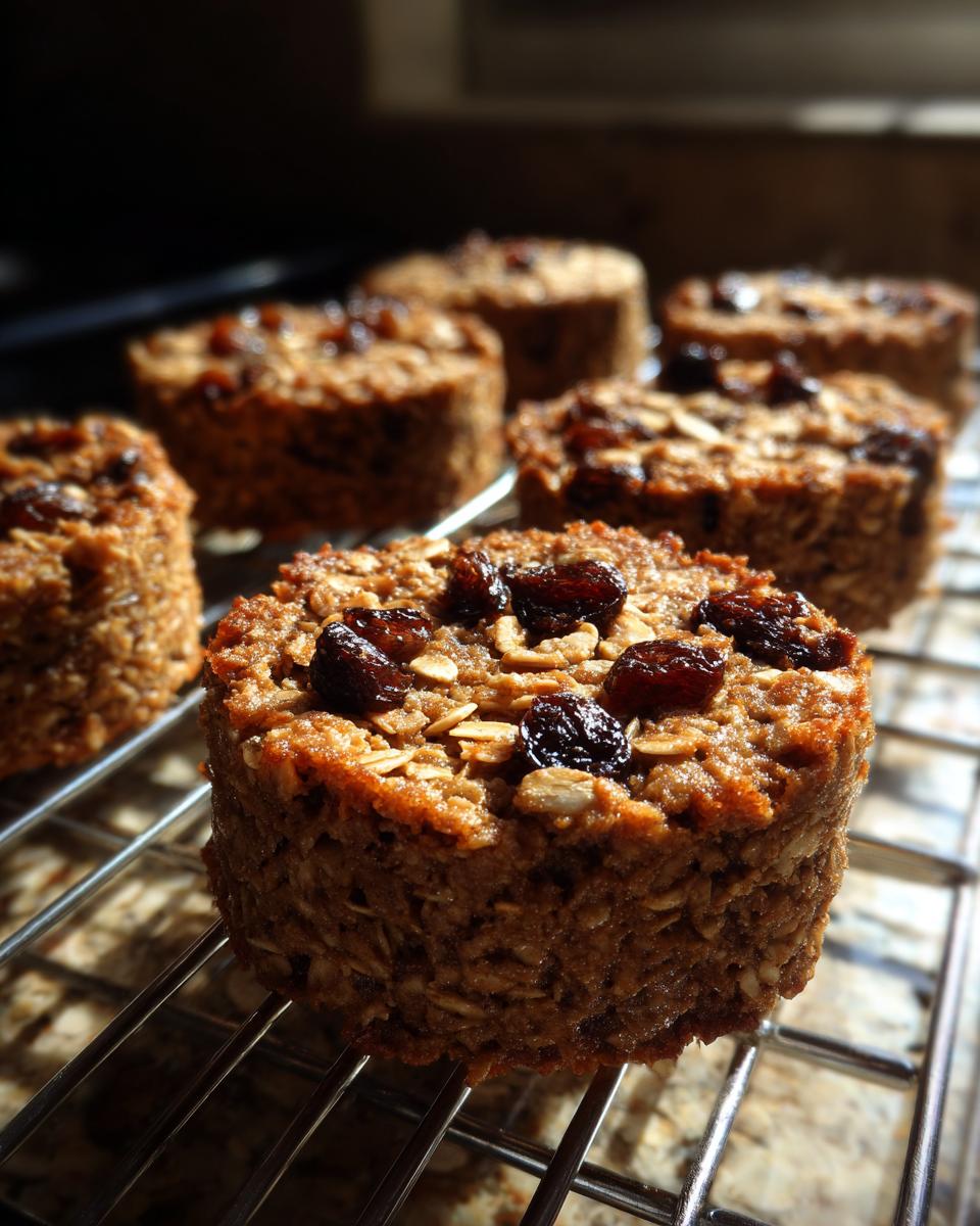 Close-up of a round, baked breakfast cookie made with oats and topped with raisins, cooling on a wire rack.