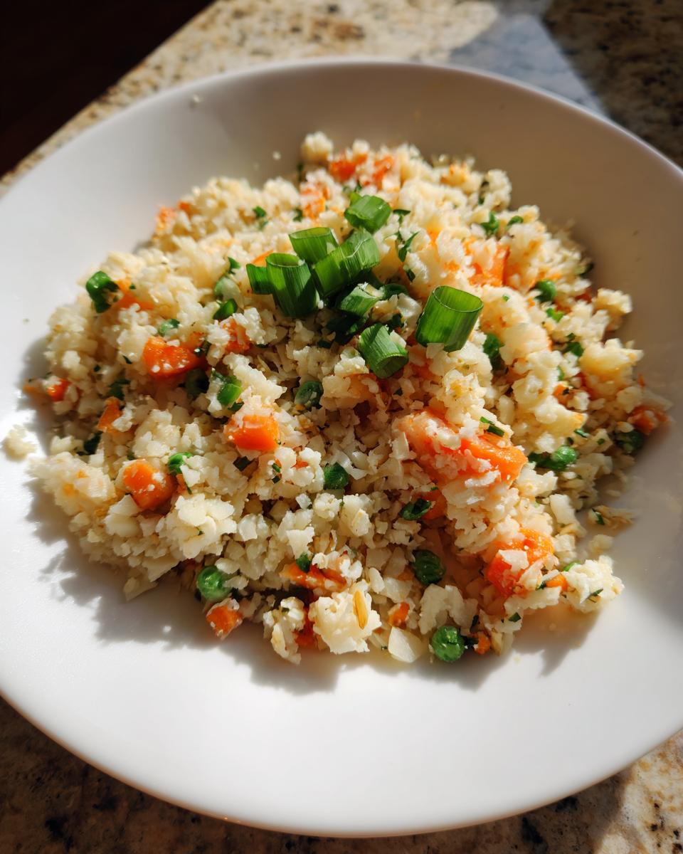 A white bowl filled with bright cauliflower rice mixed with carrots and peas, topped with fresh green onions.