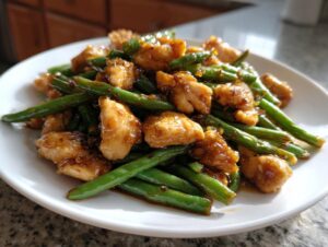 A close-up of glazed chicken and bright green beans served on a white plate, highlighting the chicken and green beans skillet.