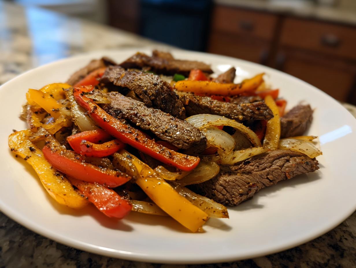 Close-up of perfectly cooked steak fajitas featuring seasoned steak strips mixed with sautéed red, yellow bell peppers, and onions.