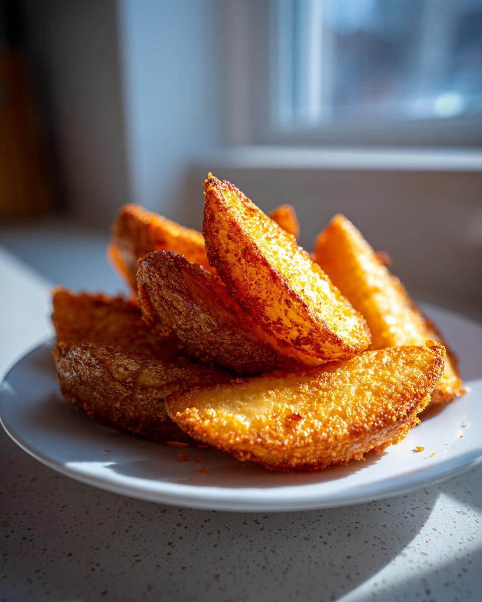 A close-up of perfectly crispy, golden air fryer potato wedges piled high on a white plate.