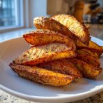 A close-up stack of golden brown, crispy air fryer potato wedges seasoned with pepper, served on a white plate.
