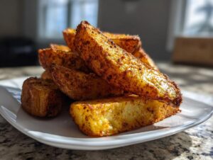 A close-up stack of golden brown, crispy air fryer potato wedges seasoned with spices, served on a white plate.