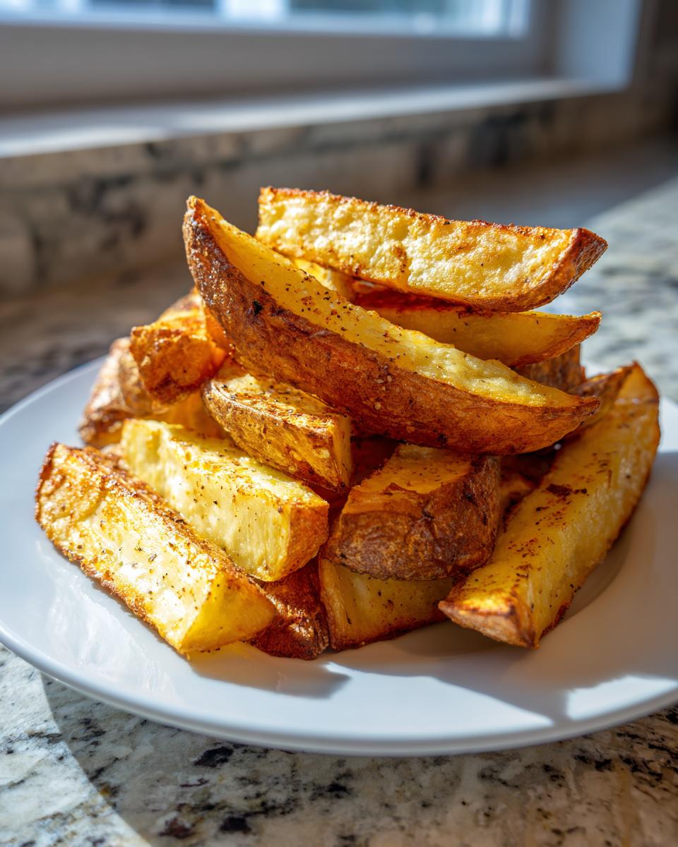 A close-up of perfectly cooked, golden brown air fryer potato wedges seasoned with pepper, piled high on a white plate.
