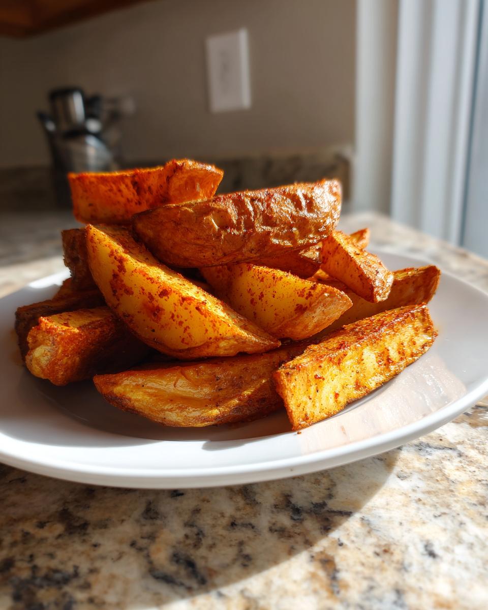 A pile of golden brown, seasoned air fryer potato wedges served on a white plate in bright sunlight.