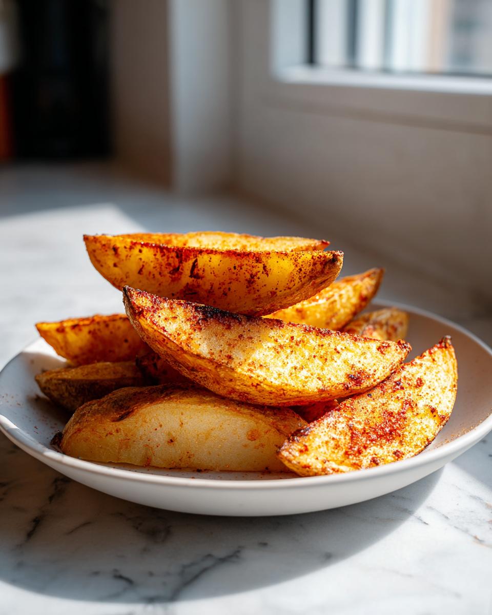 A stack of golden brown, seasoned air fryer potato wedges piled high on a white plate, catching sunlight.
