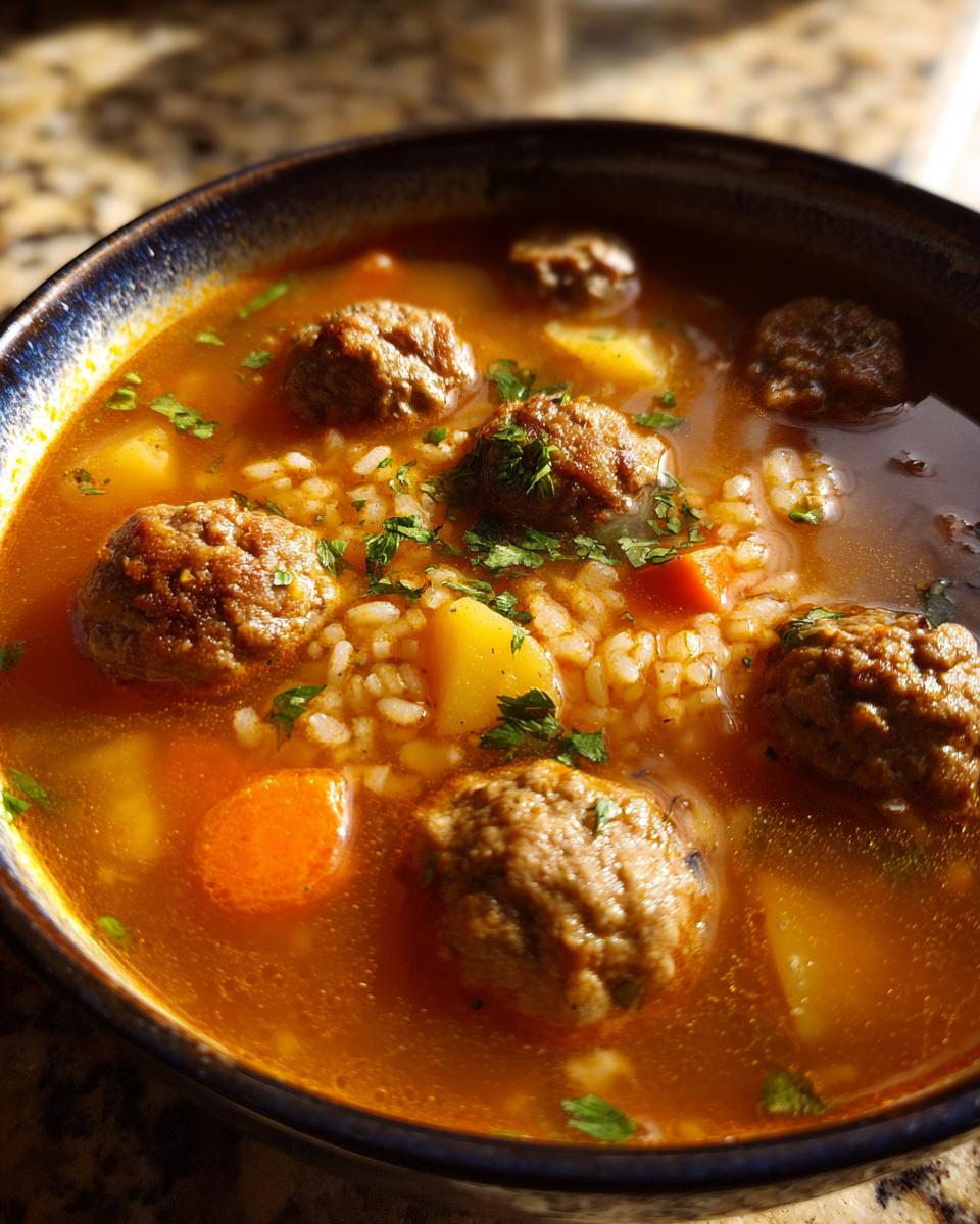 Close-up of a steaming bowl of albondigas soup featuring meatballs, rice, carrots, and potatoes, garnished with parsley.