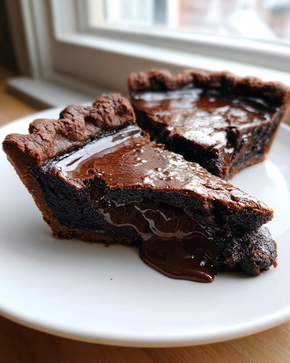 Two slices of rich, dark chocolate fudge pie on a white plate, showing a gooey, melted center of the fudge pie.