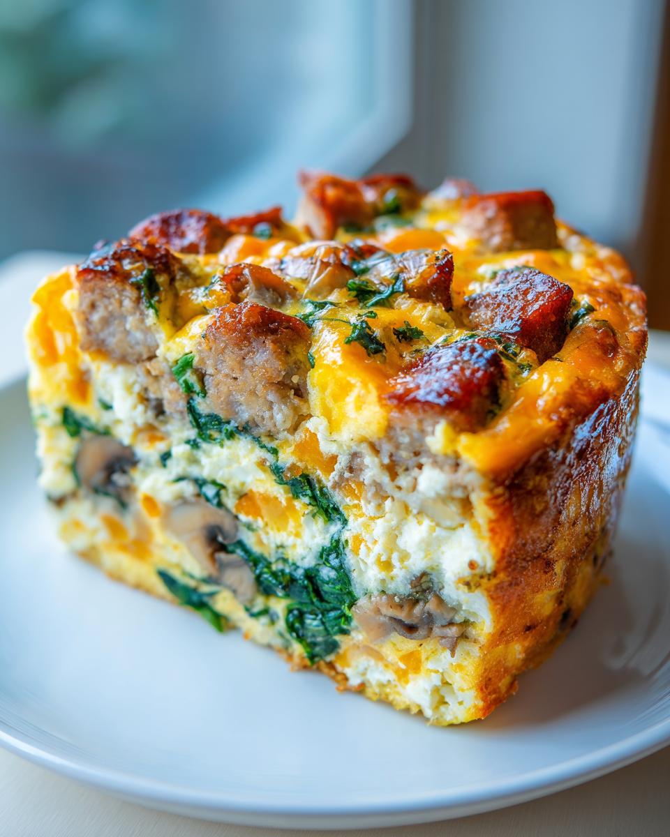 A thick, square slice of savory egg bake featuring sausage, spinach, mushrooms, and cheese on a white plate.