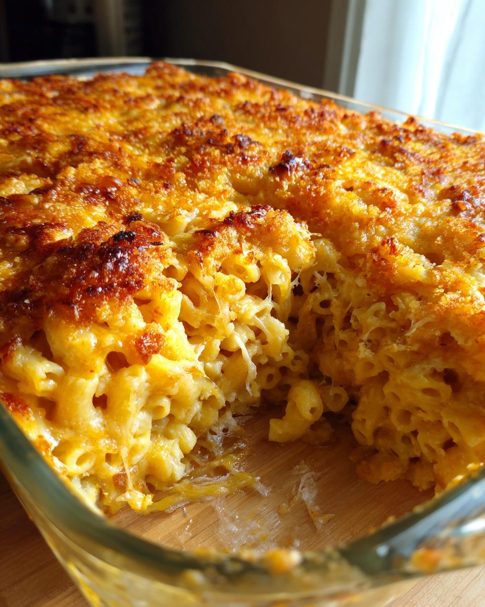 Close-up of creamy baked mac and cheese with a deeply browned, crunchy topping.