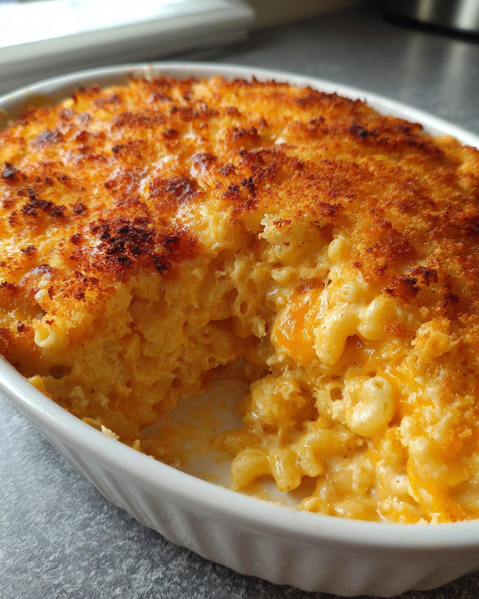 Close-up of creamy baked mac and cheese in a white dish with a deeply browned, crispy breadcrumb topping.