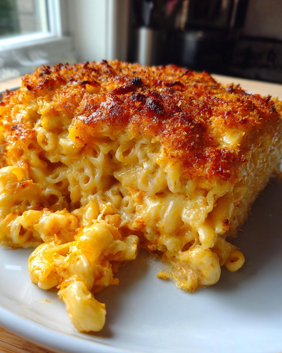 A close-up of a square slice of creamy baked mac and cheese with a deeply browned, crispy breadcrumb topping.