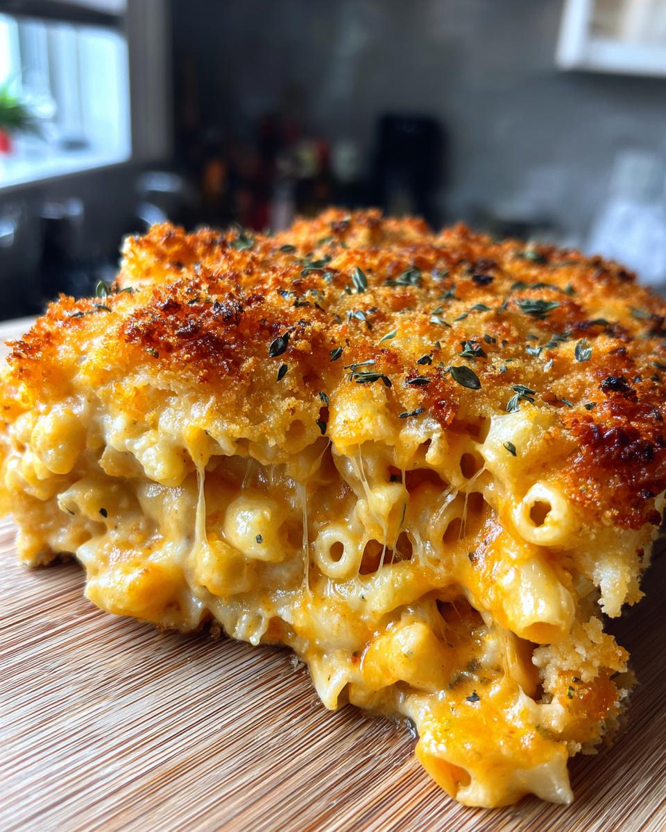 A close-up, gooey slice of amazing baked mac and cheese with a crispy, golden-brown topping.