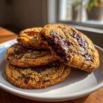 A stack of four amazing brown butter chocolate chip cookies, with the top one broken open revealing melted chocolate.