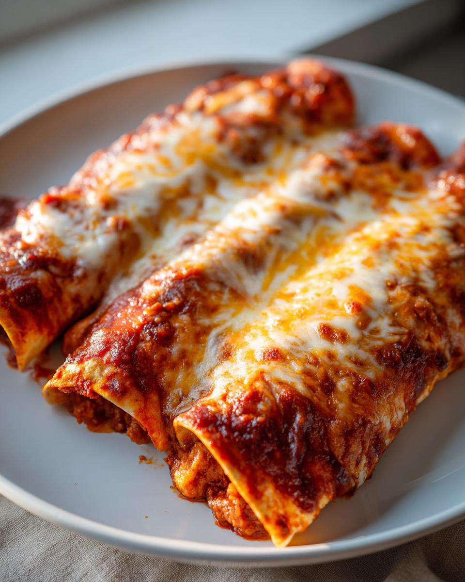 Close-up of three rolled cheese enchiladas covered in rich red sauce and melted, bubbly cheese.