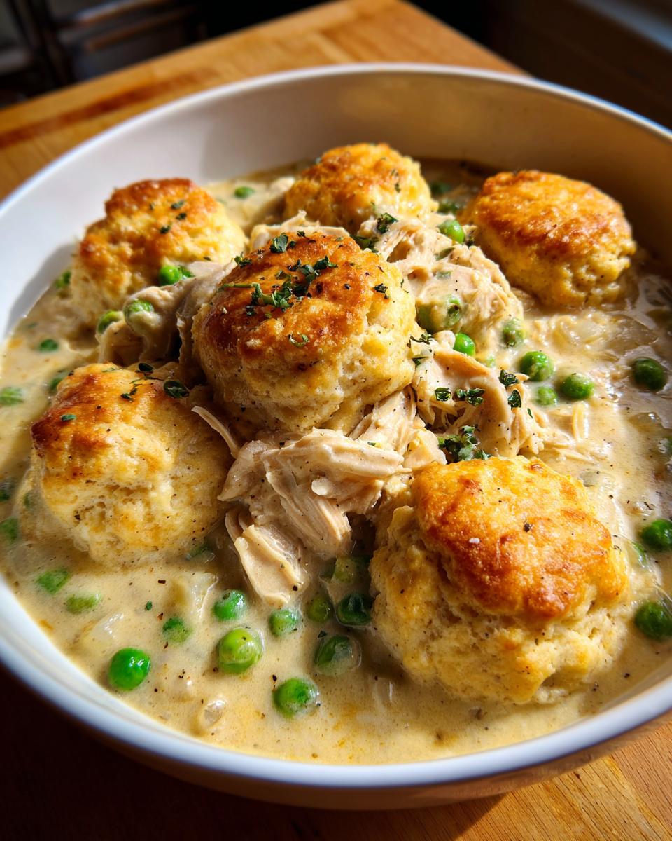 Close-up of rich chicken and dumplings with biscuits, featuring shredded chicken, peas, and a creamy sauce.