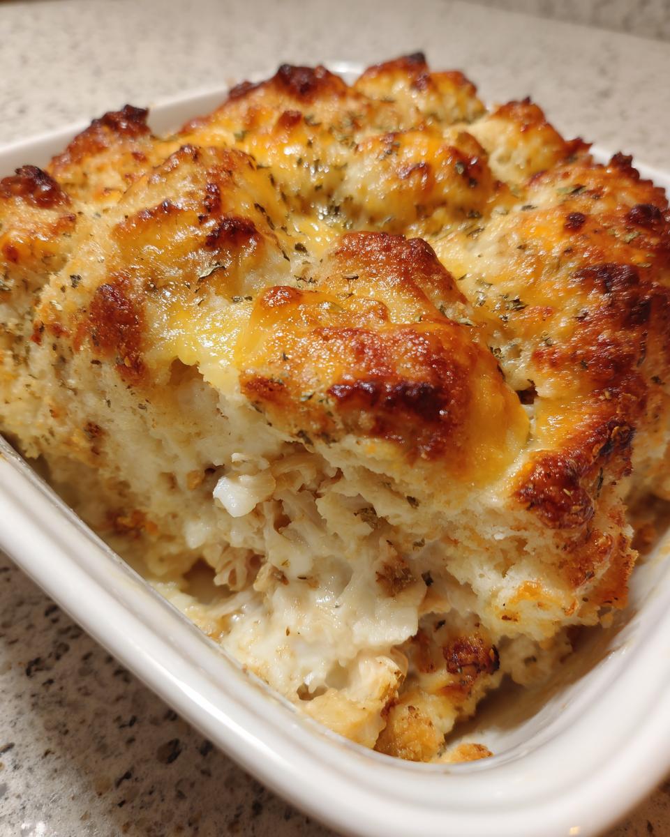 Close-up of a freshly baked chicken cobbler with a golden, cheesy, herb-topped crust.