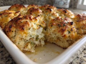 Close-up of a freshly baked chicken cobbler with golden biscuits topped with melted cheese and herbs.