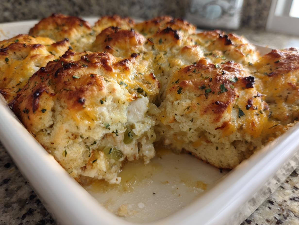 Close-up of a freshly baked chicken cobbler with golden biscuits topped with melted cheese and herbs.