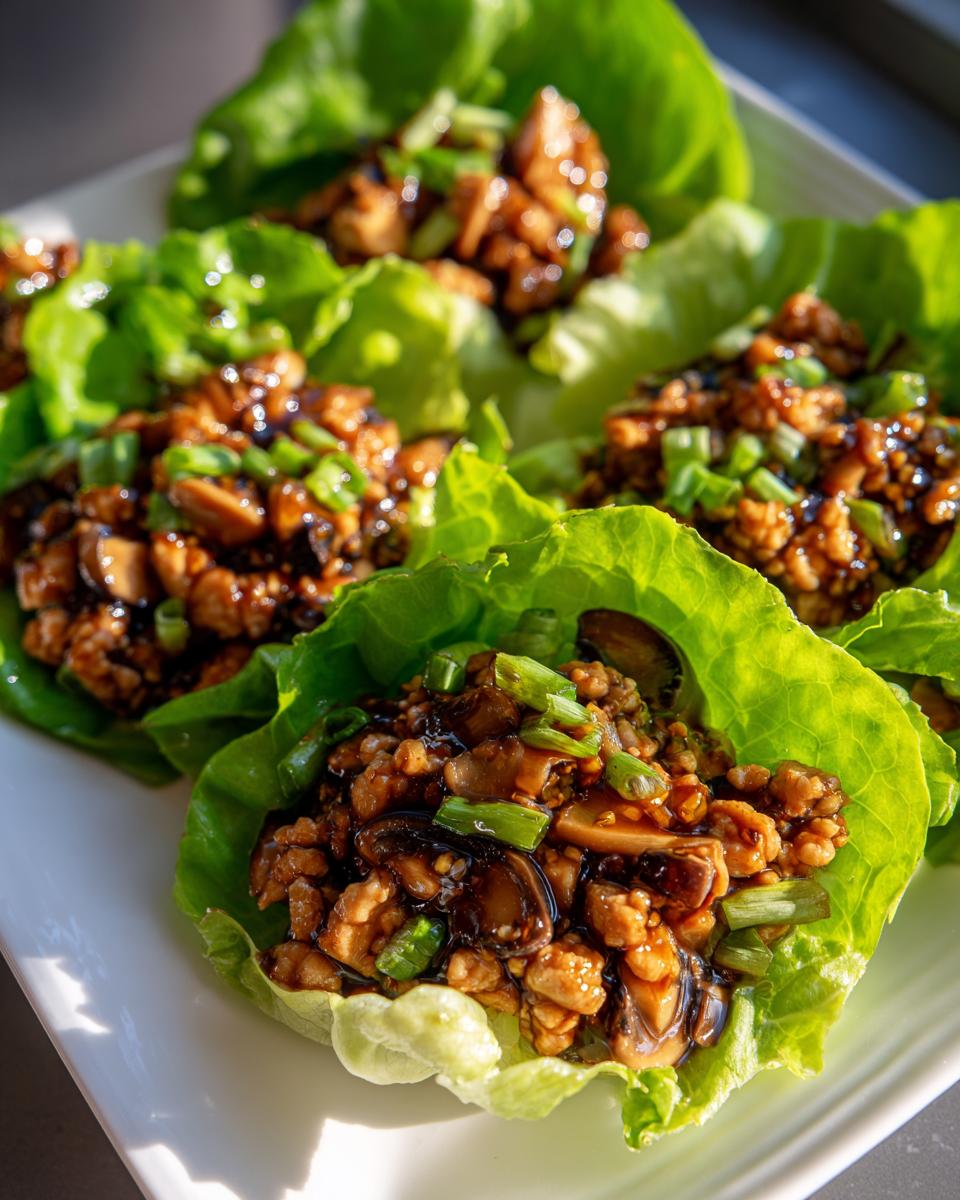 Close-up of several fresh chicken lettuce wraps filled with savory ground chicken, mushrooms, and dark sauce, topped with green onions.