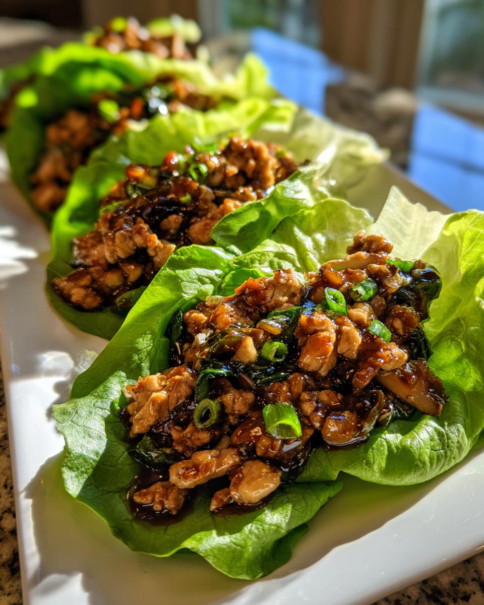 Close-up of several servings of amazing chicken lettuce wraps filled with savory glazed chicken mixture and green onions.