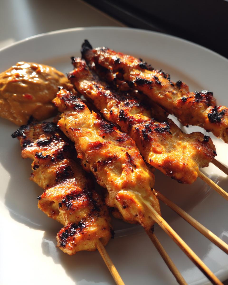 Close-up of perfectly grilled chicken satay skewers served with a side of creamy peanut dipping sauce.