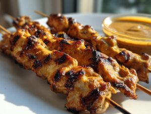 Close-up of grilled chicken satay skewers with beautiful char marks, served alongside a small bowl of peanut sauce.