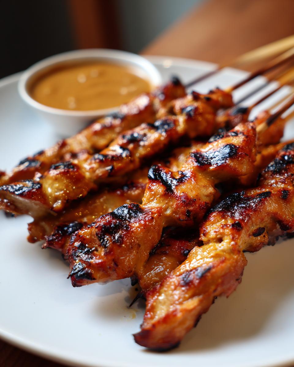 Close-up of perfectly grilled, slightly charred chicken satay skewers served on a white plate next to a small bowl of peanut sauce.