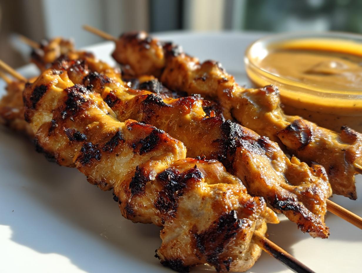 Close-up of grilled chicken satay skewers with beautiful char marks, served alongside a small bowl of peanut sauce.