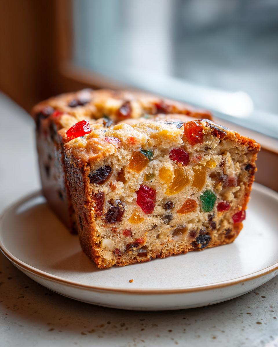 Close-up of a thick slice of moist fruit cake recipe packed with colorful candied fruit and raisins.