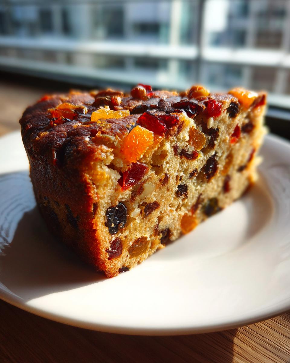 A close-up slice of moist fruit cake recipe packed with dried fruits and nuts, sitting on a white plate near a window.