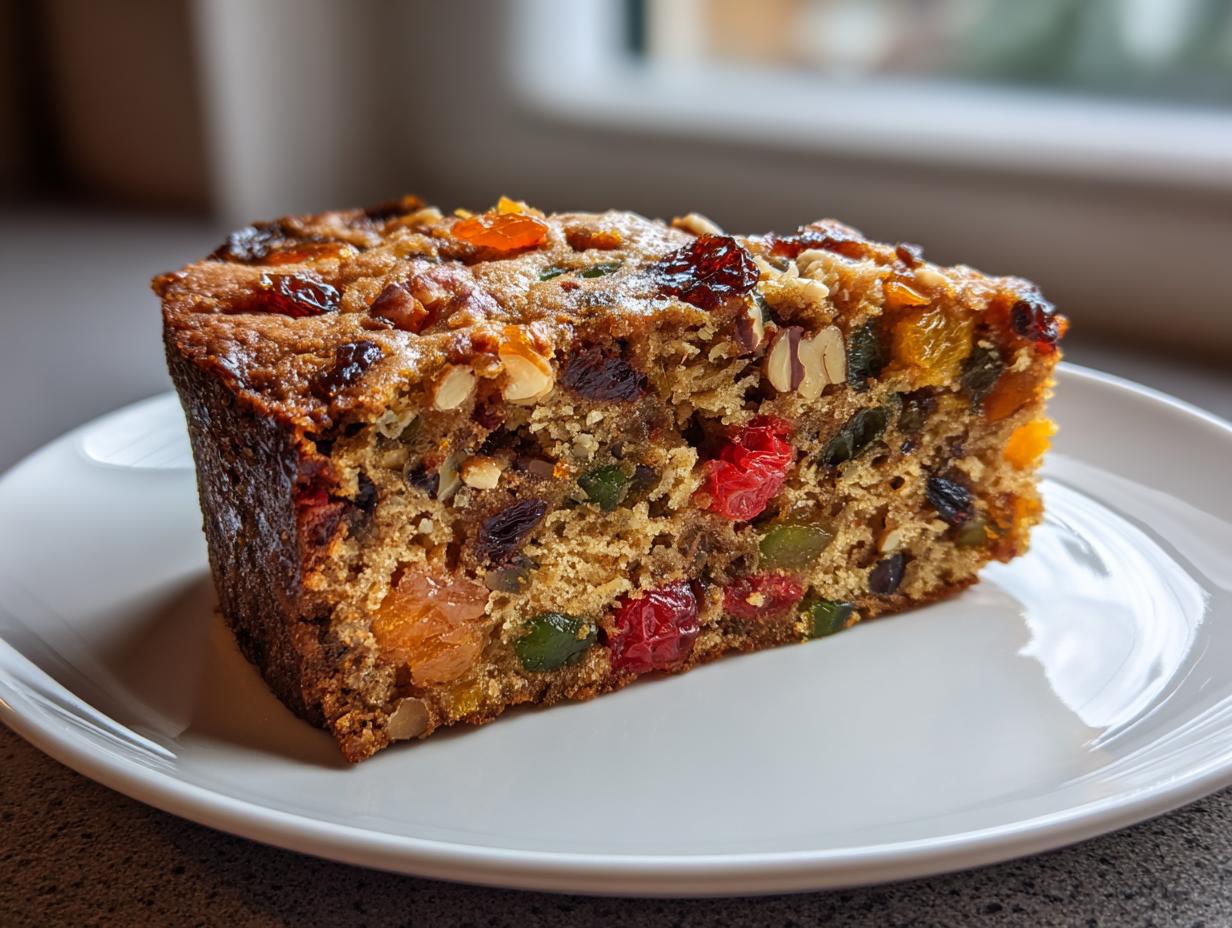 Close-up of a thick slice of amazing fruit cake recipe, packed with colorful candied fruits and nuts, served on a white plate.