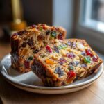 Two thick slices of homemade fruit cake recipe, packed with colorful candied fruits and nuts, resting on a small plate.