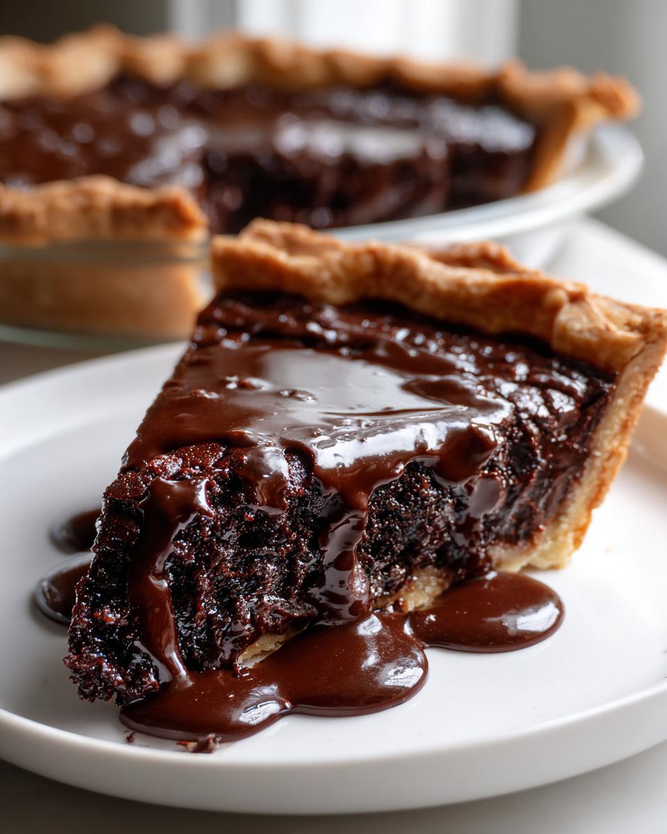 A close-up of a rich, dark slice of fudge pie topped with flowing chocolate sauce on a white plate.