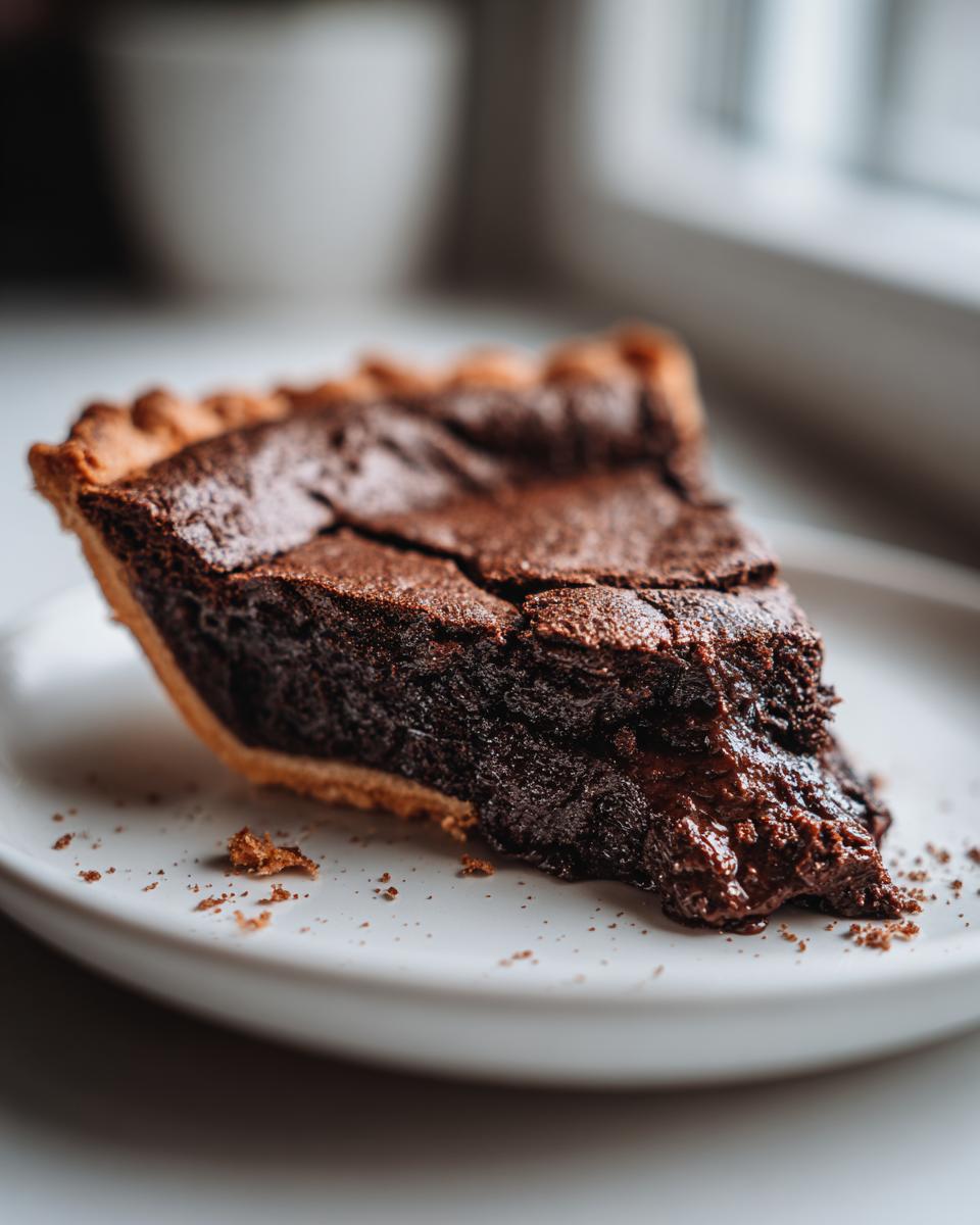Close-up of a rich, dark slice of fudge pie on a white plate, showing a gooey, melted center oozing out.