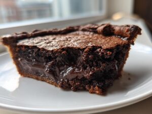 A close-up of a rich slice of fudge pie showing the dense, dark chocolate filling and gooey center.