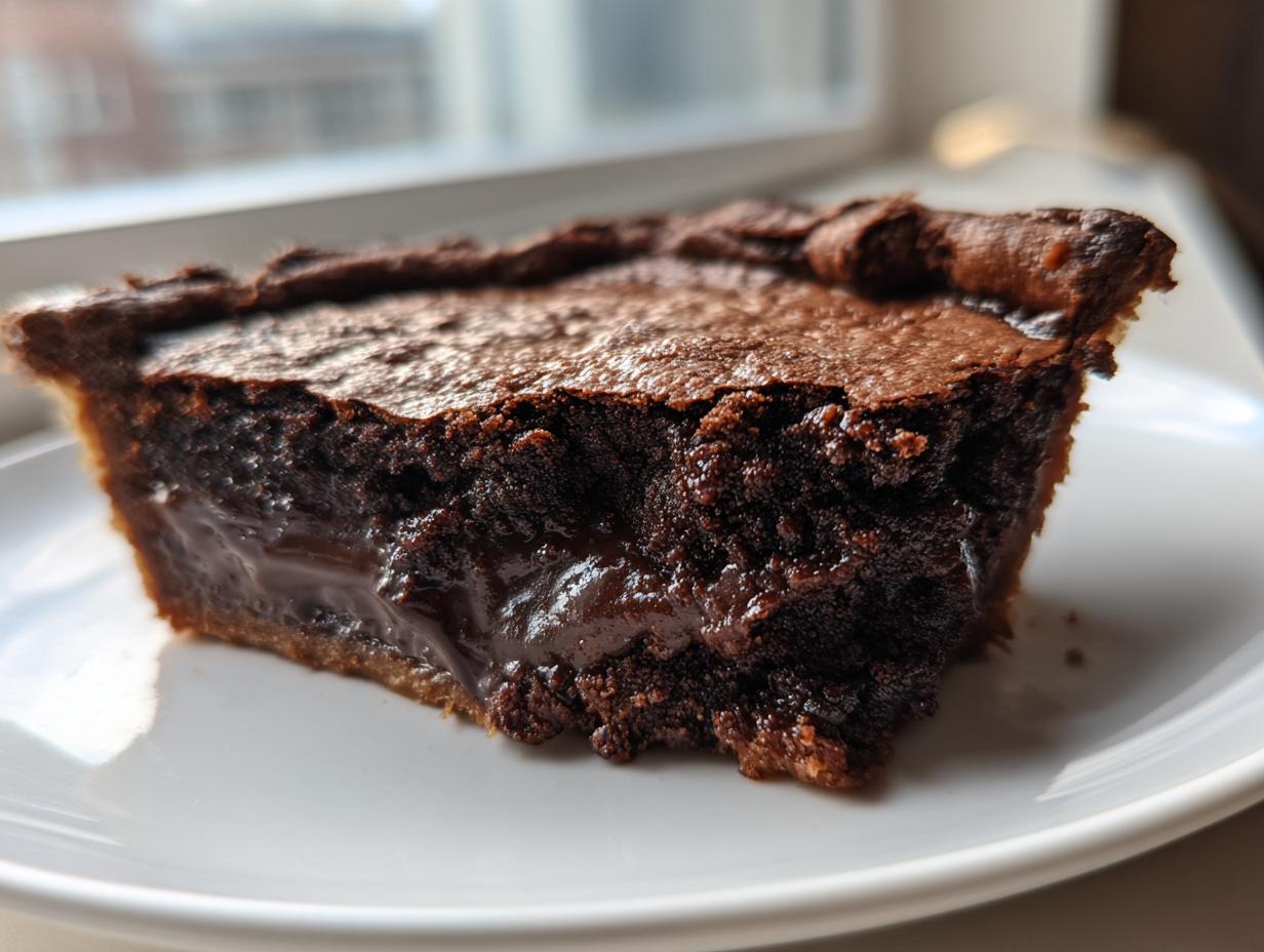 A close-up of a rich slice of fudge pie showing the dense, dark chocolate filling and gooey center.