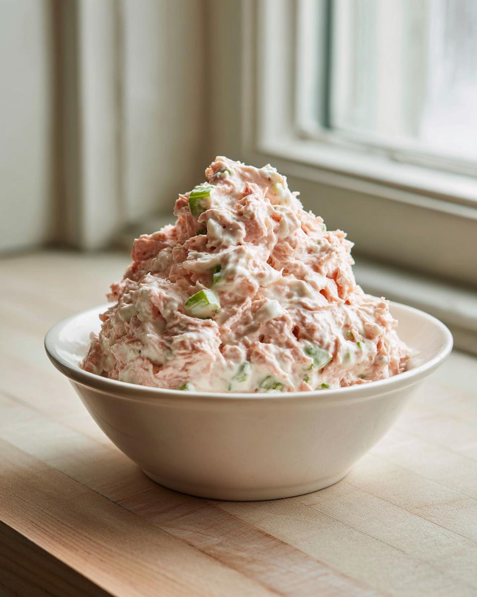 A generous mound of creamy, pink ham salad recipe mixed with green celery pieces, served in a white bowl.