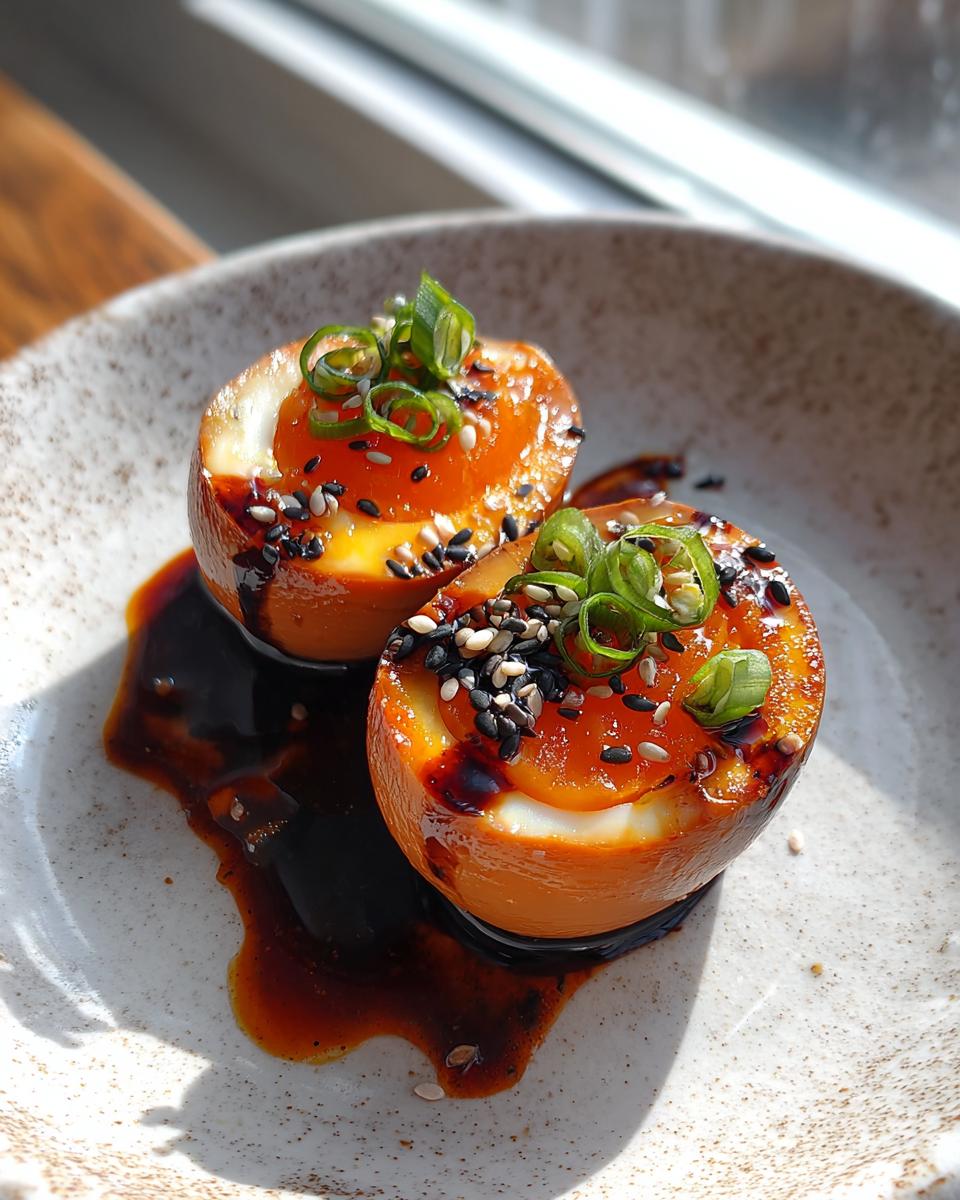 Two halves of glossy, orange-colored marinated eggs with runny yolks, topped with sesame seeds and green onions.