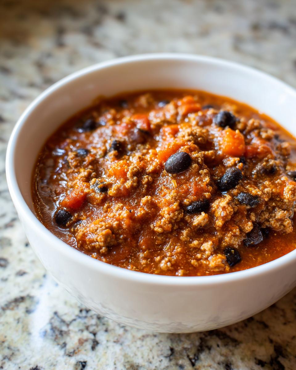 Close-up of a white bowl filled with rich, thick pumpkin chili featuring ground meat and black beans.